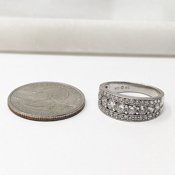 Sterling silver 925 wide band simulated faux diamond round ring vintage - Picture 3 of 7